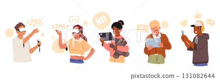 Cute teenagers cartoon children characters using gadgets for games and communication online 131082644