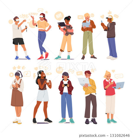 Full-length portrait of happy teenagers using modern digital gadgets for fun leisure activity online 131082646