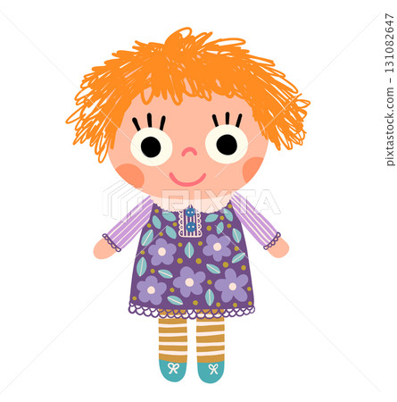 Cute vector doll illustration with floral pattern dress for baby and kids designs, hand painted kawaii children toy 131082647