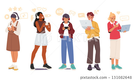 Full-length portrait of happy teenagers using modern gadgets for leisure activity and learning 131082648