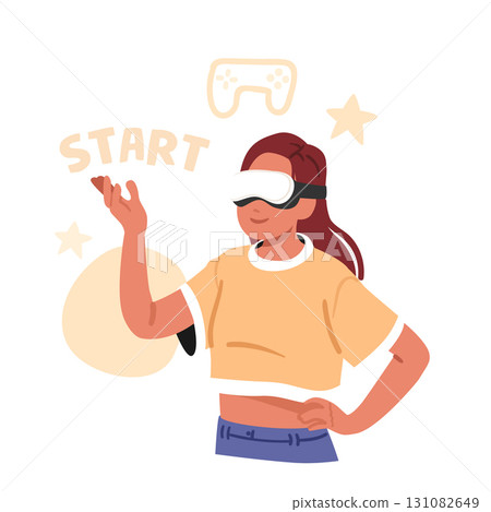 Teenager girl in VR headset enjoying smart leisure activity combining entertainment and education Teenager girl in VR headset enjoying smart leisure activity combining entertainment and education 131082649