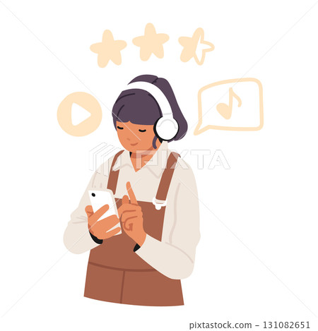 Cartoon portrait of teenage girl using mobile phone application for listening music online 131082651
