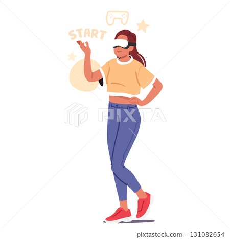 Inspired female teenager cartoon child character wearing VR glasses headset playing simulation Inspired female teenager cartoon child character wearing VR glasses headset playing simulation 131082654