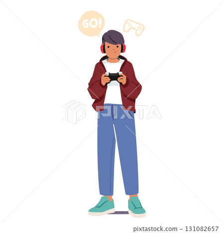 Handsome teenage boy cartoon character wearing headphones playing gamepad isolated on white Handsome teenage boy cartoon character wearing headphones playing gamepad isolated on white 131082657
