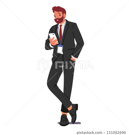 Elegant businessman cartoon character using mobile phone standing isolated on white background Elegant businessman cartoon character using mobile phone standing isolated on white background 131082690