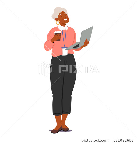 Elderly businesswoman cartoon character standing with coffee cup and laptop computer in hands Elderly businesswoman cartoon character standing with coffee cup and laptop computer in hands 131082693