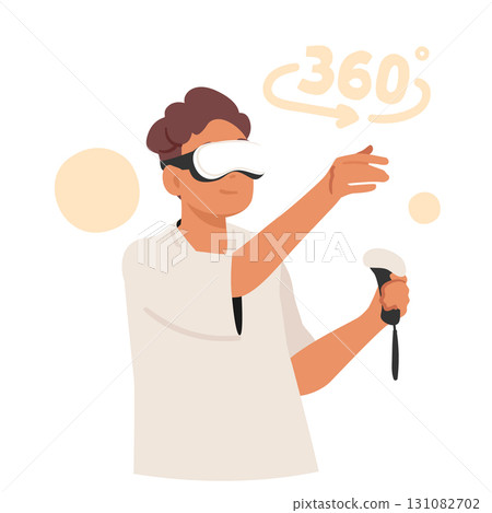Teenager boy wearing virtual reality goggles playing futuristic game simulation cartoon portrait Teenager boy wearing virtual reality goggles playing futuristic game simulation cartoon portrait 131082702