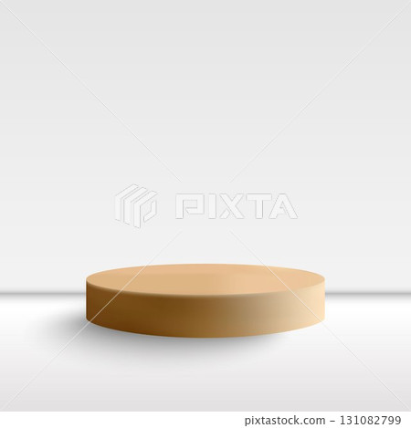 Beige cylindrical podium for product presentation on a minimalist background. Eps 10 131082799