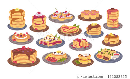 Pancakes aesthetic forms dish design collection served with butter, syrup, fruits and berries 131082835