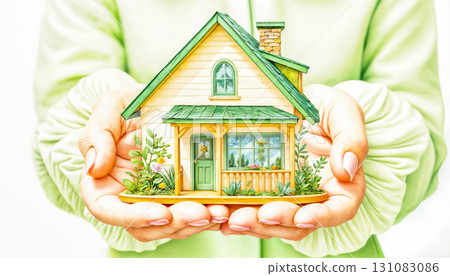 Eco-friendly modern house in female hands, concept of ecology and environmental protection Eco-friendly modern house in female hands, concept of ecology and environmental protection 131083086