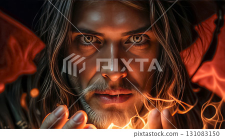 Mysterious sorcerer with piercing eyes predicts fortune and casts spells 131083150