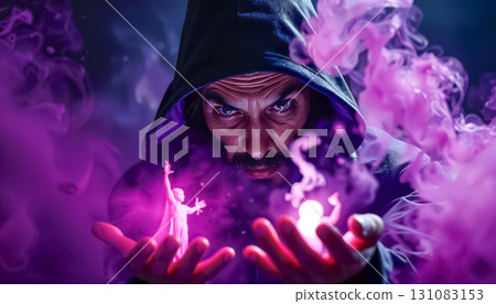 Mysterious sorcerer with piercing eyes predicts fortune and casts spells 131083153