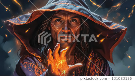 Mysterious sorcerer with piercing eyes predicts fortune and casts spells 131083156
