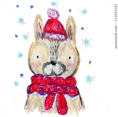 Cute oil pastel painting brown rabbit with red Christmas hat and scarf illustration. Childish New Year holiday crayons drawing little hare with snowflakes for winter greeting cards, nursery sticker Cute oil pastel painting brown rabbit with red Christmas hat and scarf illustration. Childish New Year holiday crayons drawing little hare with snowflakes for winter greeting cards, nursery sticker 131083187