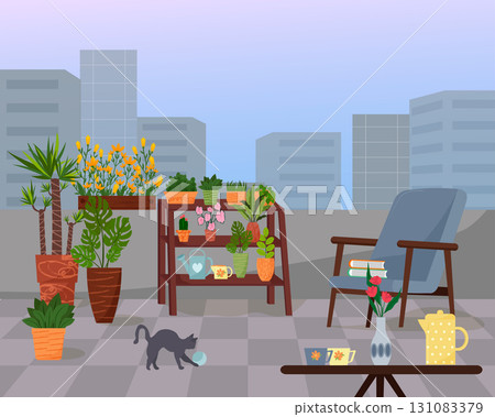 A garden on a balcony or veranda inside a city building. The veranda is landscaped with various potted plants. A plant stand. A cozy chair with books. A cat playing with a ball on the balcony. 131083379
