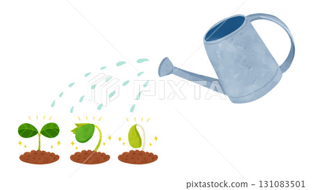 Tin watering can and sprouted buds - watercolor-style hand-drawn illustration 131083501