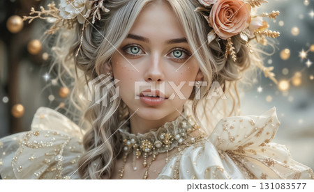 Portrait of a beautiful innocent girl in a chic white dress, beautiful bride or fairy 131083577