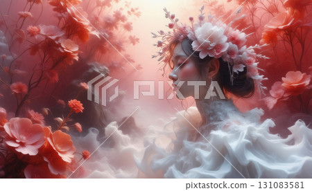 Beautiful and innocent girl in a white dress, beautiful bride or fairy, dreams and romance Beautiful and innocent girl in a white dress, beautiful bride or fairy, dreams and romance 131083581