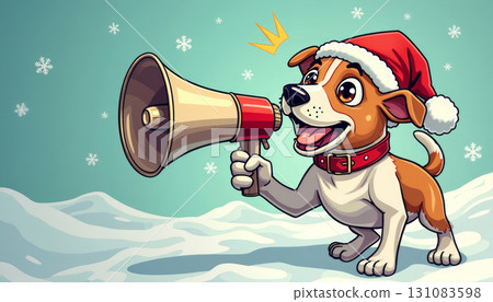 A cheerful dog in a Santa hat with a megaphone in his paw announces Christmas discounts. 131083598