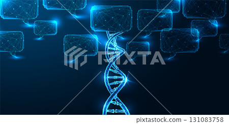 Genetic communication concept with digital DNA helix and polygonal speech bubbles in biotech data exchange 131083758