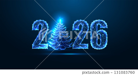 2026 New Year glowing vector numbers with digital low poly Christmas tree in festive holiday style 2026 New Year glowing vector numbers with digital low poly Christmas tree in festive holiday style 131083760