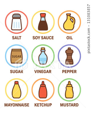 Colorful condiment icon collection (salt, sugar, soy sauce, oil, ketchup, etc.) 131083857