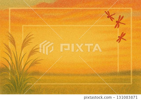 Frame material Autumn image Sunset sky Pampas grass Red dragonfly Sand painting style 131083871
