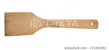Top view wooden spatula cooking equipment isolated on white background 131083962