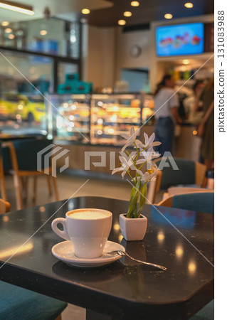 Cup of cappuccino sits on a dark table in a cozy cafe with a small white flower decoration. Concept of coffee break, cozy atmosphere, urban lifestyle 131083988