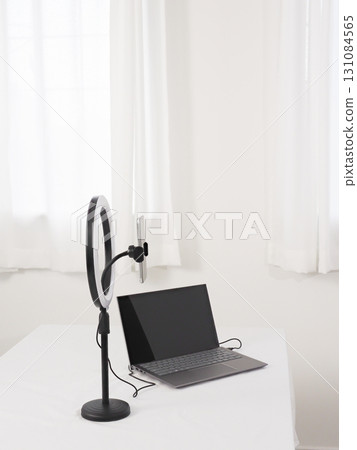 Video streaming set on a white desk Video streaming set on a white desk 131084565