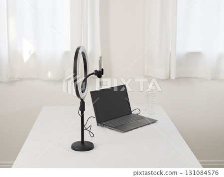Video streaming set on a white desk 131084576