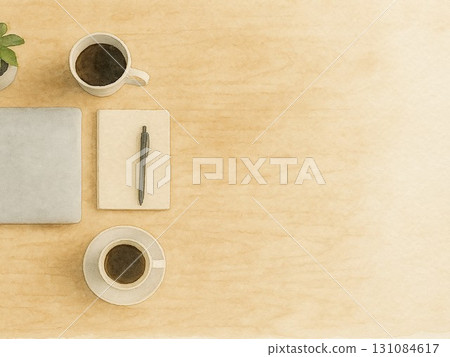 Natural table and laptop (watercolor) 131084617