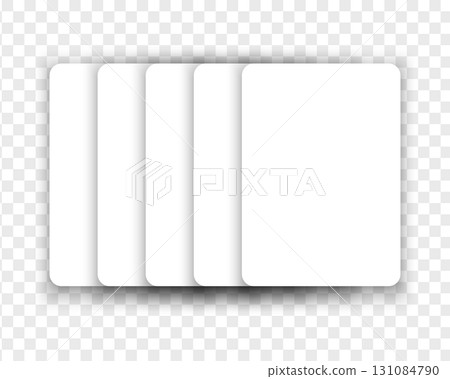 Five empty white playing cards in overlay position isolated on transparent background. Playcards flush royal layout. Poker game concept. Discount or voucher templates. Vector realistic illustration Five empty white playing cards in overlay position isolated on transparent background. Playcards flush royal layout. Poker game concept. Discount or voucher templates. Vector realistic illustration 131084790