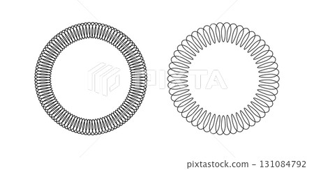 Coil springs in circle shapes isolated on white background. Round frames with metal wire spiral borders. Slinky toys in circular forms. Vector graphic illustration Coil springs in circle shapes isolated on white background. Round frames with metal wire spiral borders. Slinky toys in circular forms. Vector graphic illustration 131084792