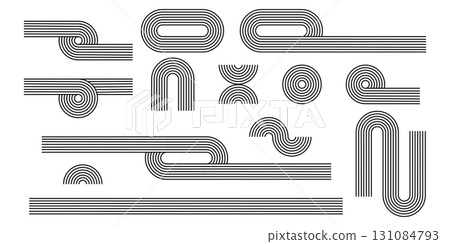 Set of geometric shapes with linear patterns. Arch, circle and path figures. Geometric forms in trendy boho style. Minimalistic design elements for modern templates. Vector graphic illustration 131084793