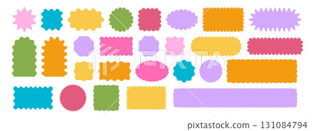 Set of colorful round and oval, rectangular and square, arch shapes with curvy edges. Cute geometric forms with scalloped borders. Empty textboxes, stickers, tags or labels. Vector flat illustration 131084794