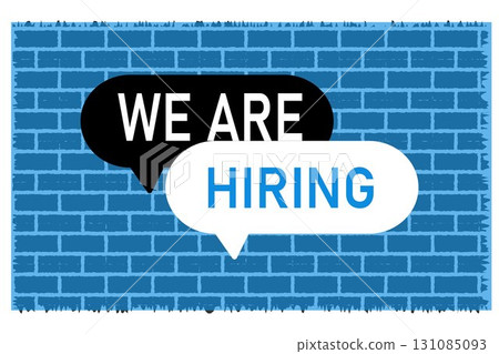 We Are Hiring Job Opportunity Announcements on a Blue Brick Wall Background. 131085093