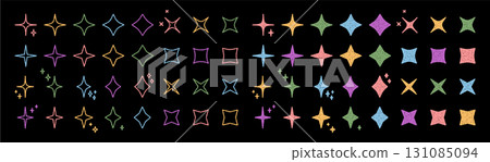 Festive chalk firework star burst set in graphic outline forms on black. Magic sparkle symbol collection for party decor. Playful burst and star shape design brighten any black background. 131085094
