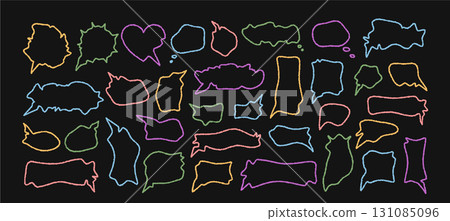 Wavy chalk outline balloon set with chat, bubble and cloud forms on black background. Speech box and round talk banner add playful outline dialogue accent to any communication or comic template. Wavy chalk outline balloon set with chat, bubble and cloud forms on black background. Speech box and round talk banner add playful outline dialogue accent to any communication or comic template. 131085096