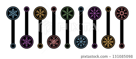Chalk style set of snow flake sticker labels in blue, yellow, pink and green. Snowflake lid decoration for xmas package. Used as festive icon or ornament on holiday package and lid. Chalk style set of snow flake sticker labels in blue, yellow, pink and green. Snowflake lid decoration for xmas package. Used as festive icon or ornament on holiday package and lid. 131085098