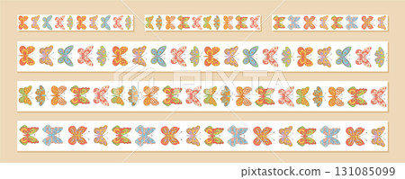 Groovy retro seamless butterfly border set in colorful floral pattern and y2k style. Vibrant seamless border pack with abstract graphic frame for creative vintage projects. Groovy retro seamless butterfly border set in colorful floral pattern and y2k style. Vibrant seamless border pack with abstract graphic frame for creative vintage projects. 131085099