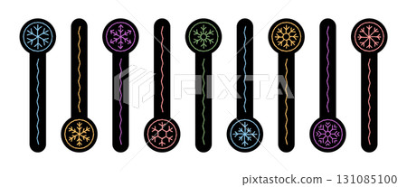 Black circle lid sticker set with snow flake icon in bright crayon style. Winter ornament label and xmas snowflake seal for box decoration. Colorful icon set with ornament detail, perfect for holiday Black circle lid sticker set with snow flake icon in bright crayon style. Winter ornament label and xmas snowflake seal for box decoration. Colorful icon set with ornament detail, perfect for holiday 131085100