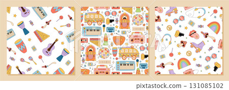 Groovy retro music seamless pattern set in colorful y2k style. Disco, boombox, guitar and cassette form fun background with seamless pattern. Vibrant pop mood, playful concept for creative set. Groovy retro music seamless pattern set in colorful y2k style. Disco, boombox, guitar and cassette form fun background with seamless pattern. Vibrant pop mood, playful concept for creative set. 131085102