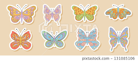 Groovy retro butterfly sticker set in colorful funky style. Cute doodle motifs with y2k floral and groovy element shapes. Fun for vintage decor, playful accents or creative collection. Groovy retro butterfly sticker set in colorful funky style. Cute doodle motifs with y2k floral and groovy element shapes. Fun for vintage decor, playful accents or creative collection. 131085106