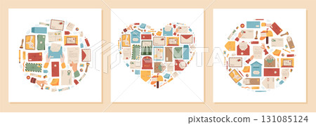 Heart mail shape in flat doodle icon style. Letter, envelope, post, postcard, card, paper and stamp concept. Unique correspondence icon, card communication or postal stationery background. 131085124