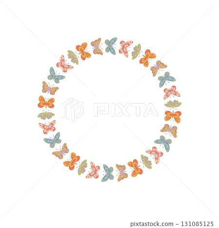 Groovy y2k butterfly border in colorful circle pattern. Funky retro frame with abstract, vintage style. Bold motif offers cool and playful format, ideal for trendy, artistic backgrounds. 131085125