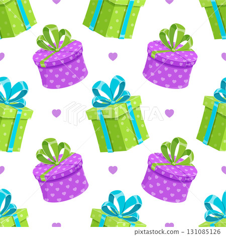 Seamless cartoon gift box pattern. Present packages with vibrant ribbon and bow. Perfect for birthday celebrations and holiday themes in flat style for festive use. 131085126