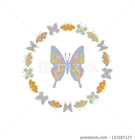 Groovy psychedelic butterfly pattern in a circle border. Retro frame with colorful y2k style and abstract graphic look, ideal for trendy artistic or vintage themes. Groovy psychedelic butterfly pattern in a circle border. Retro frame with colorful y2k style and abstract graphic look, ideal for trendy artistic or vintage themes. 131085127