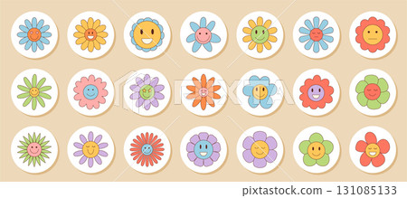 Retro groovy flower sticker label set with colorful smile and circle patch for box lid or seal. Y2k package label and patch style, graphic emblem for cheerful delivery or package design. Retro groovy flower sticker label set with colorful smile and circle patch for box lid or seal. Y2k package label and patch style, graphic emblem for cheerful delivery or package design. 131085133