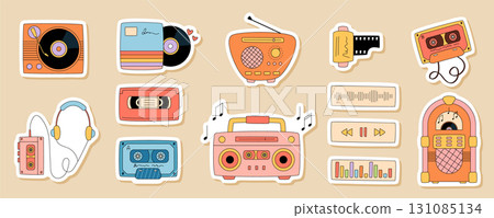 Groovy retro music party sticker set in cartoon graphic style. Y2K cassette, radio, record, boombox, jukebox and headphones create a fun vintage collection with cool groovy element for pop set. Groovy retro music party sticker set in cartoon graphic style. Y2K cassette, radio, record, boombox, jukebox and headphones create a fun vintage collection with cool groovy element for pop set. 131085134